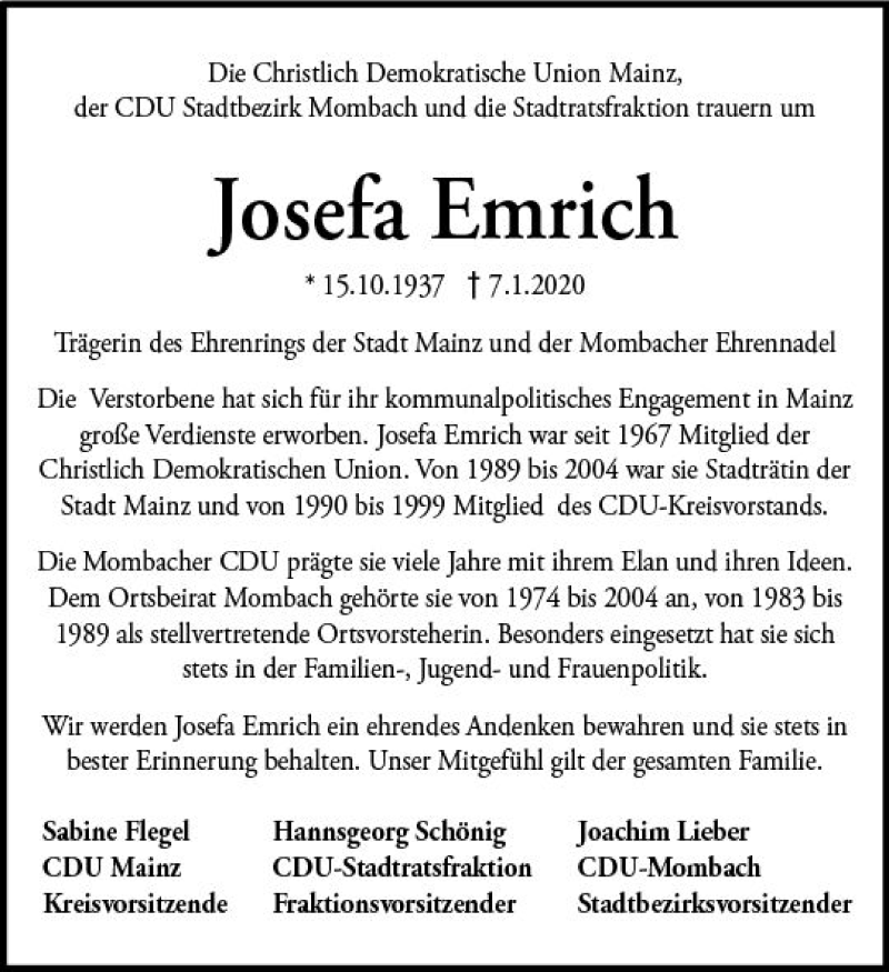  Traueranzeige für Josefa Emrich vom 11.01.2020 aus vrm-trauer