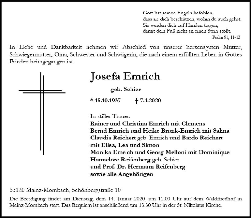  Traueranzeige für Josefa Emrich vom 11.01.2020 aus vrm-trauer