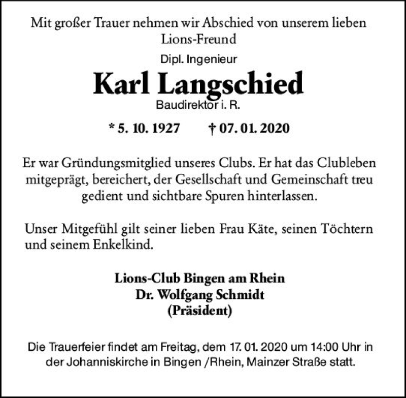  Traueranzeige für Karl Langschied vom 14.01.2020 aus vrm-trauer