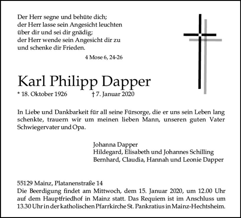  Traueranzeige für Karl Philipp Dapper vom 11.01.2020 aus vrm-trauer