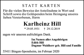 Traueranzeige von Karlheinz Hill von vrm-trauer