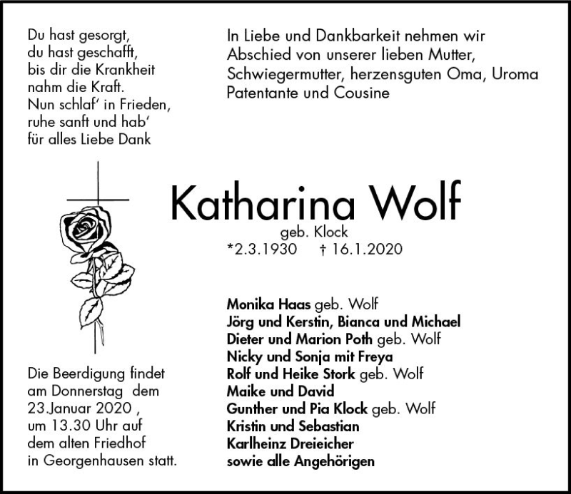  Traueranzeige für Katharina Wolf vom 20.01.2020 aus vrm-trauer