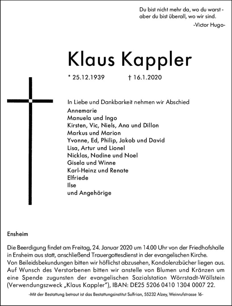  Traueranzeige für Klaus Kappler vom 21.01.2020 aus vrm-trauer