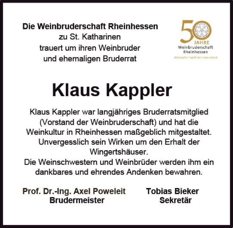  Traueranzeige für Klaus Kappler vom 22.01.2020 aus vrm-trauer