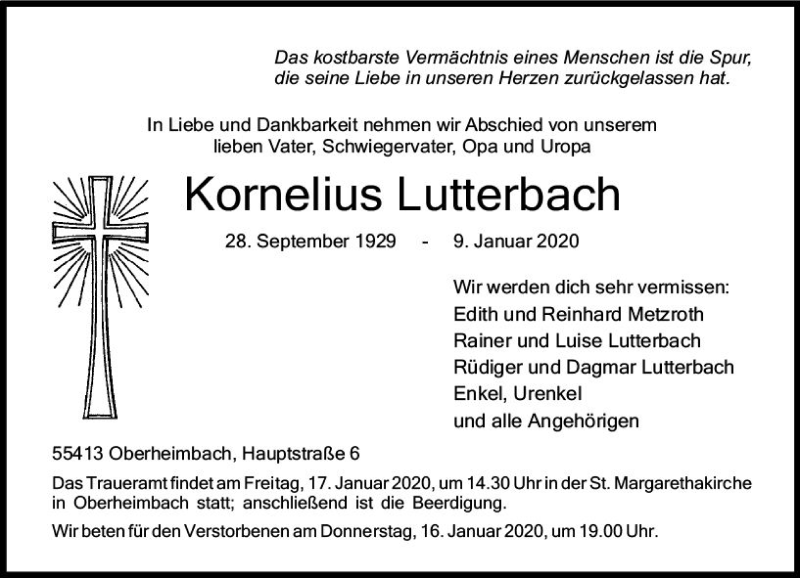  Traueranzeige für Kornelius Lutterbach vom 14.01.2020 aus vrm-trauer