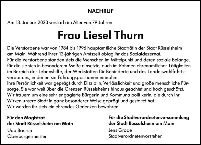  Traueranzeige für Liesel Thurn vom 25.01.2020 aus vrm-trauer