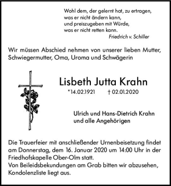 Traueranzeige von Lisbeth Jutta Krahn von vrm-trauer