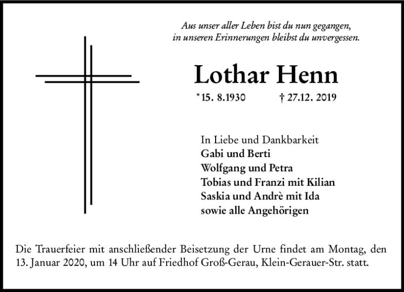  Traueranzeige für Lothar Henn vom 08.01.2020 aus vrm-trauer