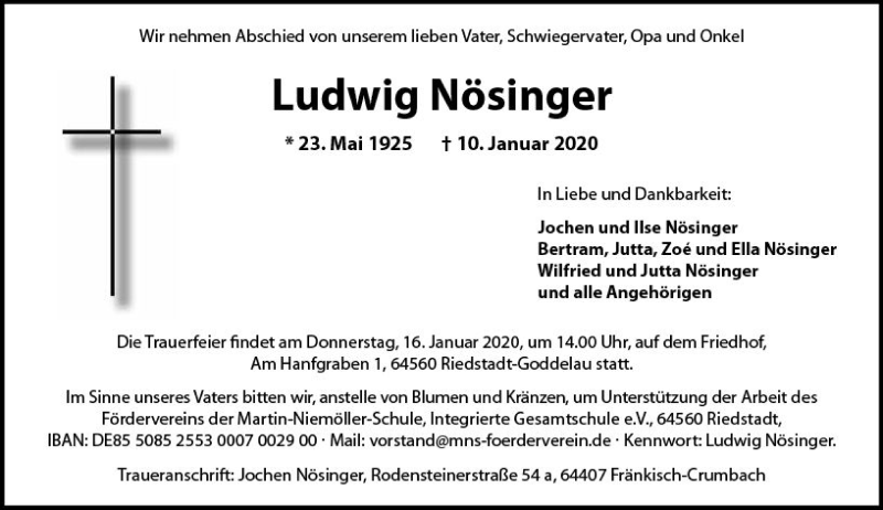  Traueranzeige für Ludwig Nösinger vom 14.01.2020 aus vrm-trauer