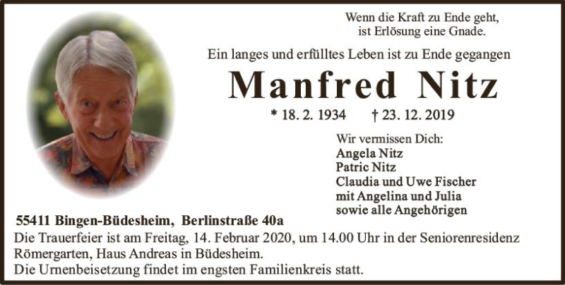  Traueranzeige für Manfred Nitz vom 25.01.2020 aus vrm-trauer