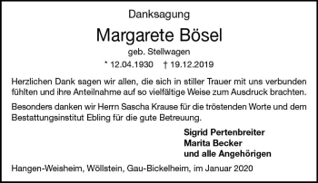 Traueranzeige von Margarete Bösel von vrm-trauer