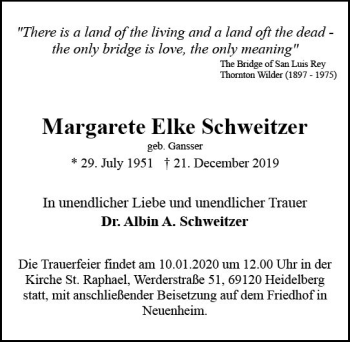 Traueranzeige von Margarete Elke Schweitzer von vrm-trauer