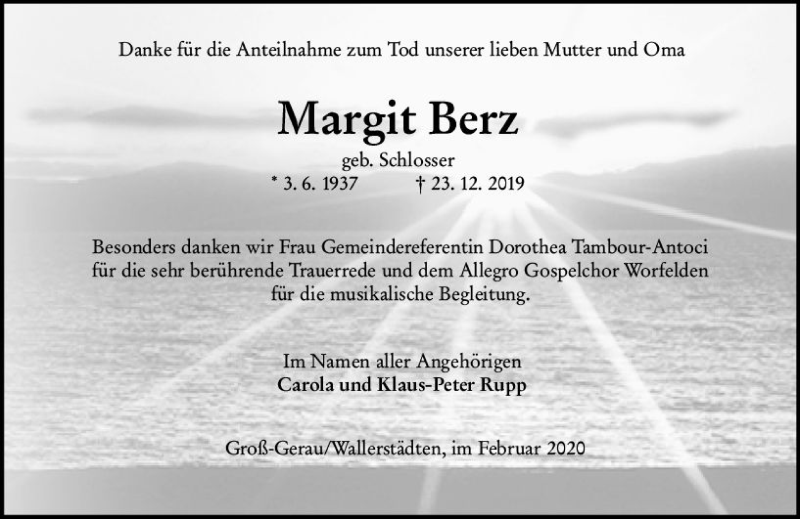  Traueranzeige für Margit Berz vom 01.02.2020 aus vrm-trauer