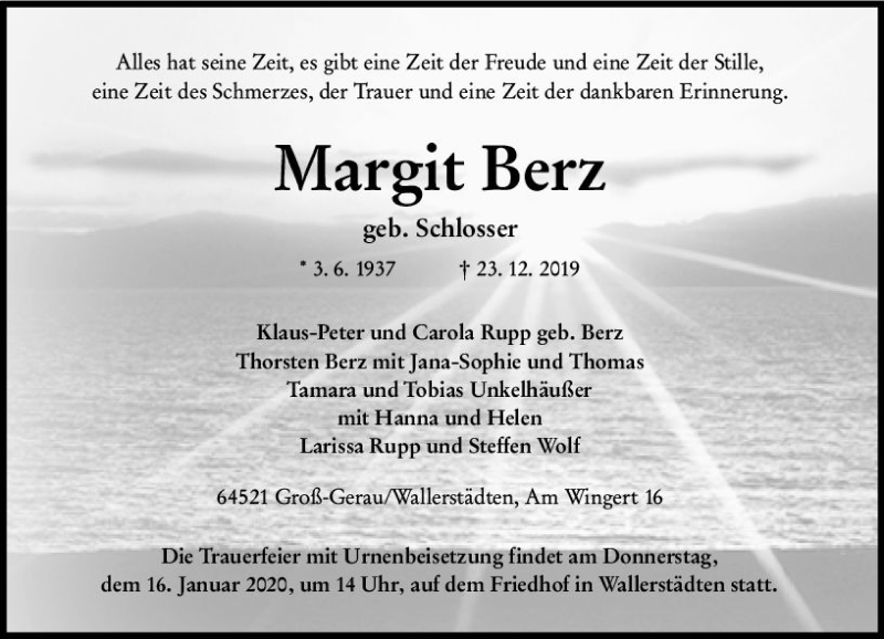  Traueranzeige für Margit Berz vom 11.01.2020 aus vrm-trauer