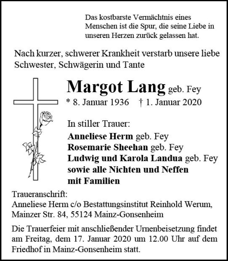  Traueranzeige für Margot Lang vom 11.01.2020 aus vrm-trauer