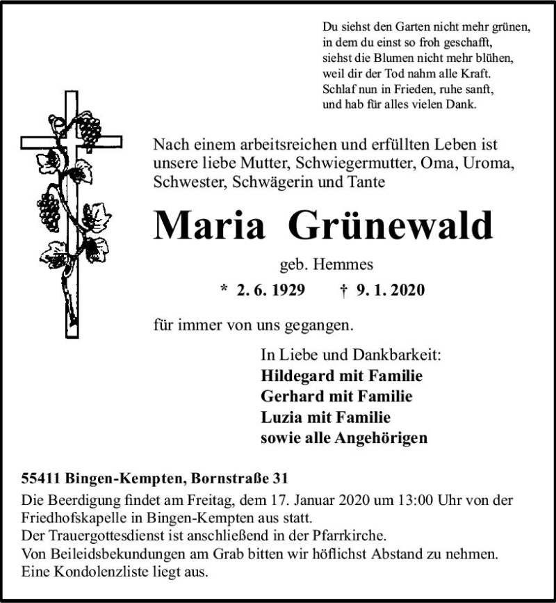  Traueranzeige für Maria Grünewald vom 11.01.2020 aus vrm-trauer