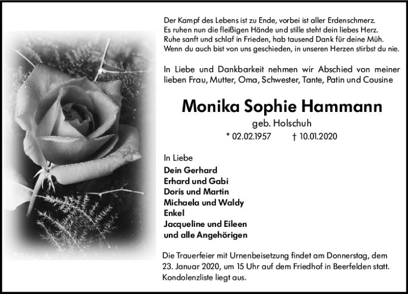 Traueranzeige für Monika Sophie Hammann vom 21.01.2020 aus vrm-trauer