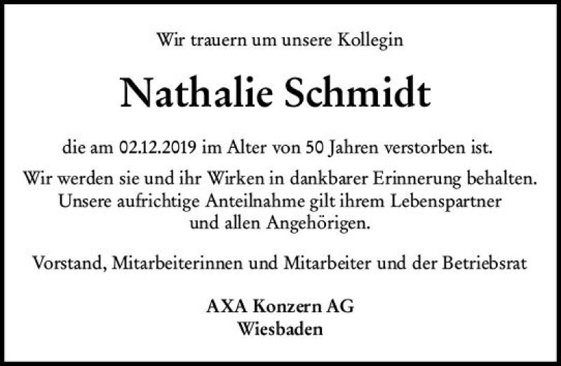  Traueranzeige für Nathalie Schmidt vom 15.01.2020 aus vrm-trauer