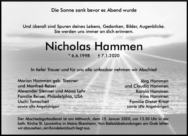  Traueranzeige für Nicholas Hammen vom 11.01.2020 aus vrm-trauer