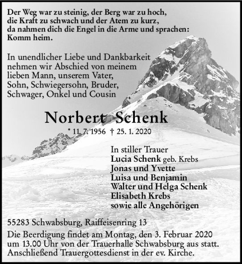  Traueranzeige für Norbert Schenk vom 29.01.2020 aus vrm-trauer
