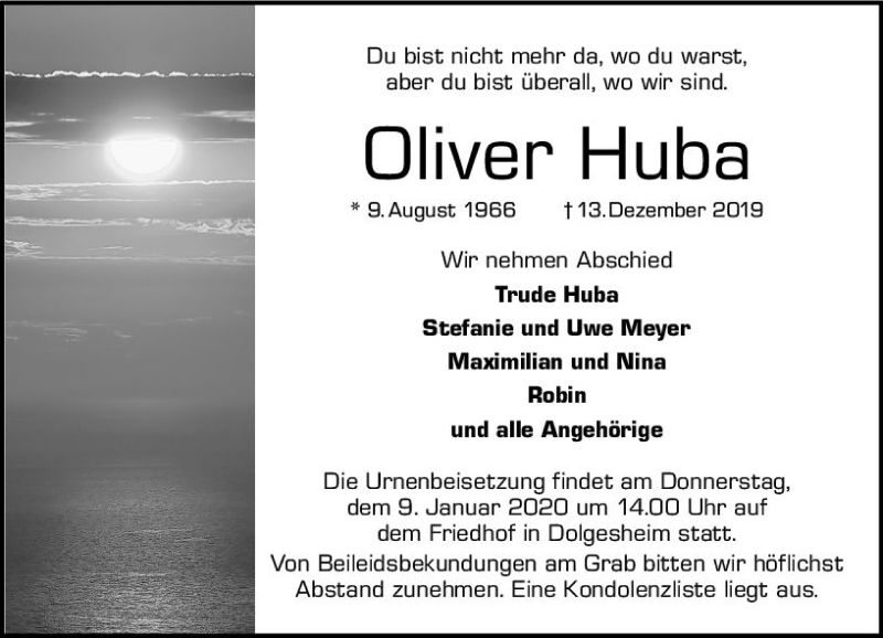  Traueranzeige für Oliver Huba vom 06.01.2020 aus vrm-trauer