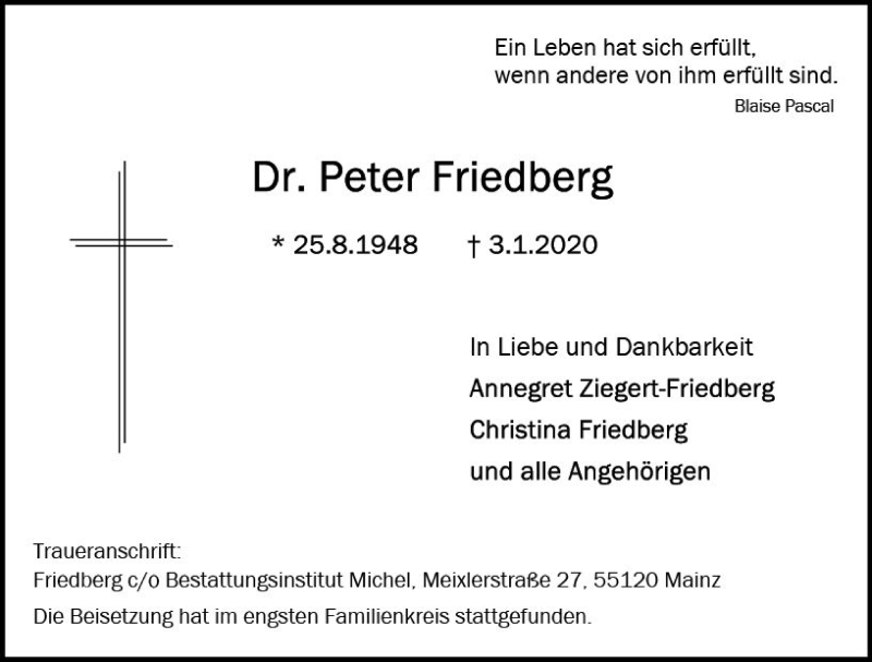  Traueranzeige für Peter Friedberg vom 18.01.2020 aus vrm-trauer