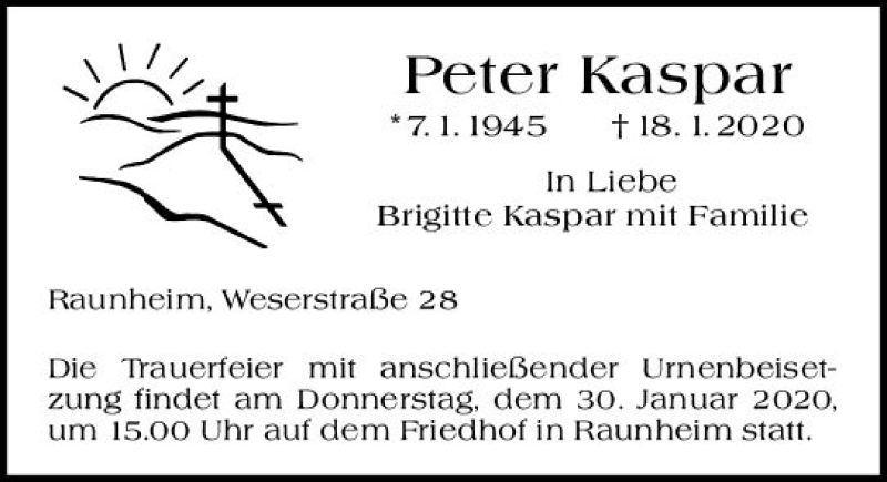  Traueranzeige für Peter Kaspar vom 25.01.2020 aus vrm-trauer