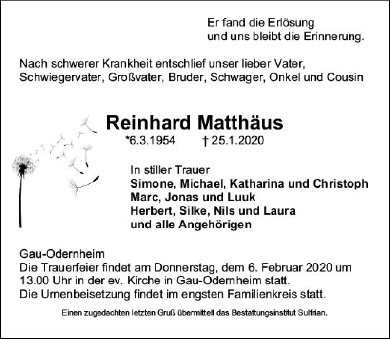  Traueranzeige für Reinhard Matthäus vom 01.02.2020 aus vrm-trauer