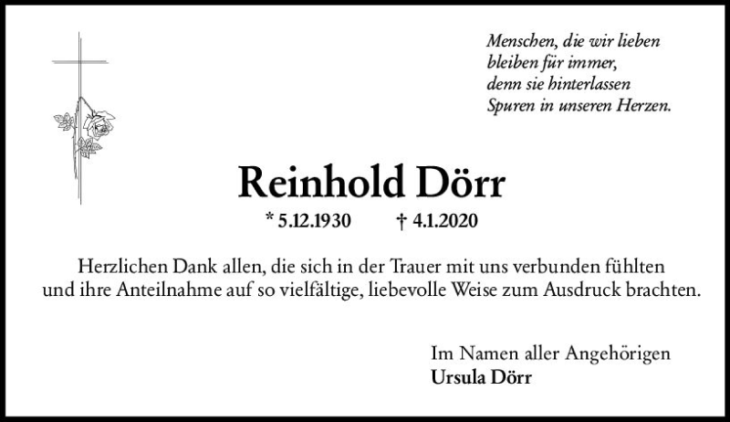  Traueranzeige für Reinhold Dörr vom 31.01.2020 aus vrm-trauer