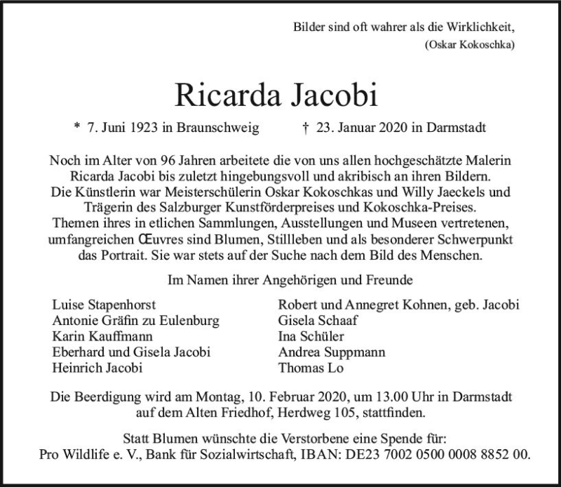  Traueranzeige für Ricarda Jacobi vom 01.02.2020 aus vrm-trauer