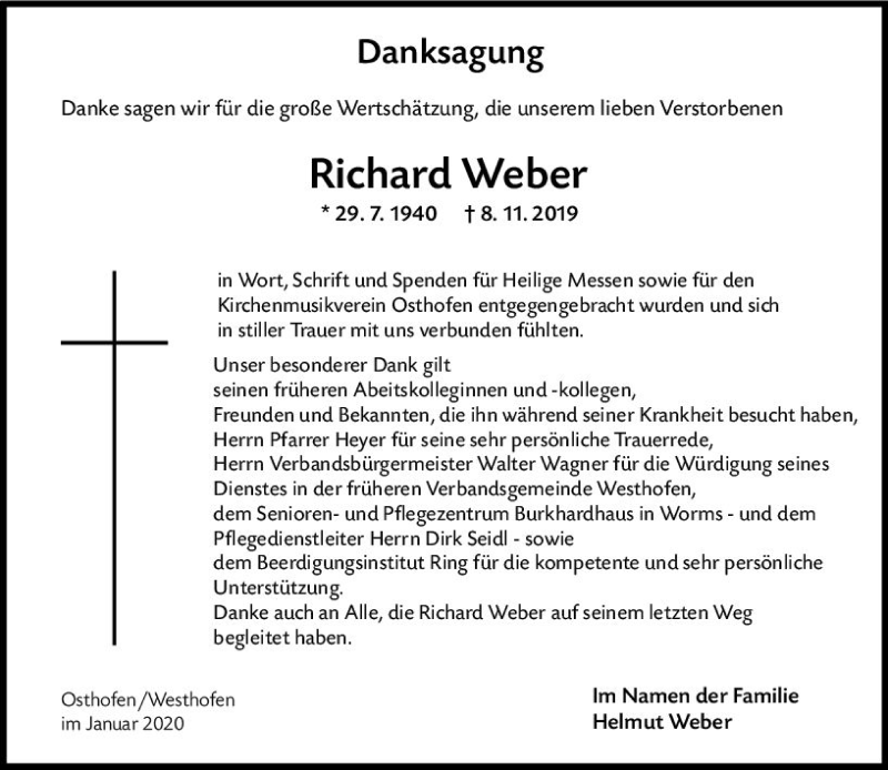  Traueranzeige für Richard Weber vom 07.01.2020 aus vrm-trauer