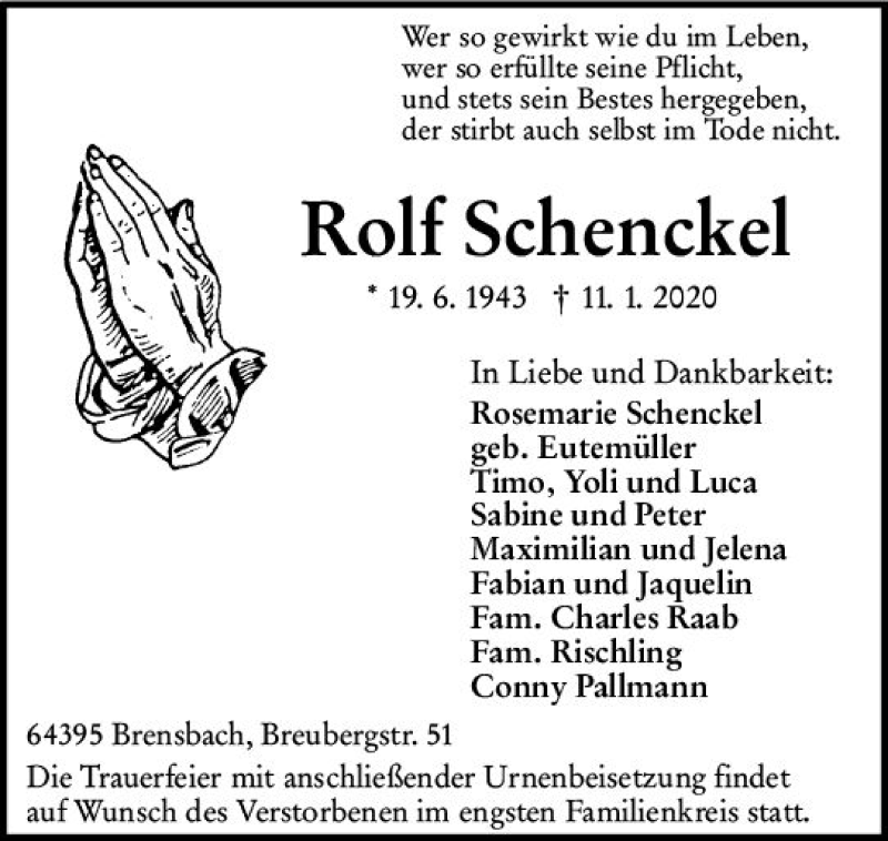  Traueranzeige für Rolf Schenckel vom 18.01.2020 aus vrm-trauer