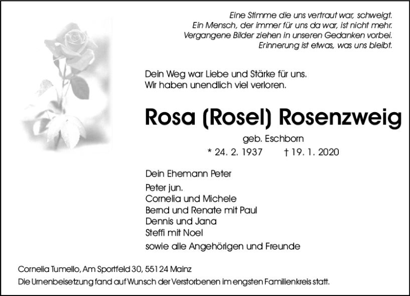  Traueranzeige für Rosa Rosenzweig vom 01.02.2020 aus vrm-trauer
