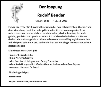 Traueranzeige von Rudolf Bender von vrm-trauer