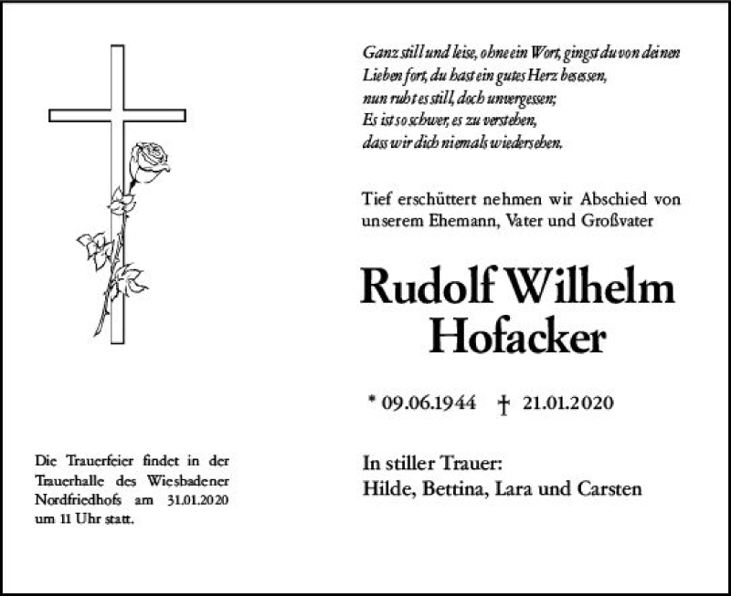  Traueranzeige für Rudolf Wilhelm Hofacker vom 25.01.2020 aus vrm-trauer