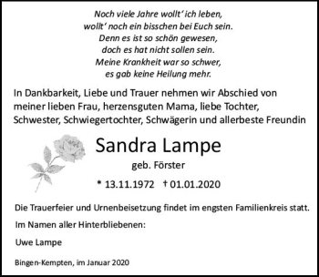 Traueranzeige von Sandra Lampe von vrm-trauer