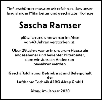 Traueranzeige von Sascha Ramser von vrm-trauer