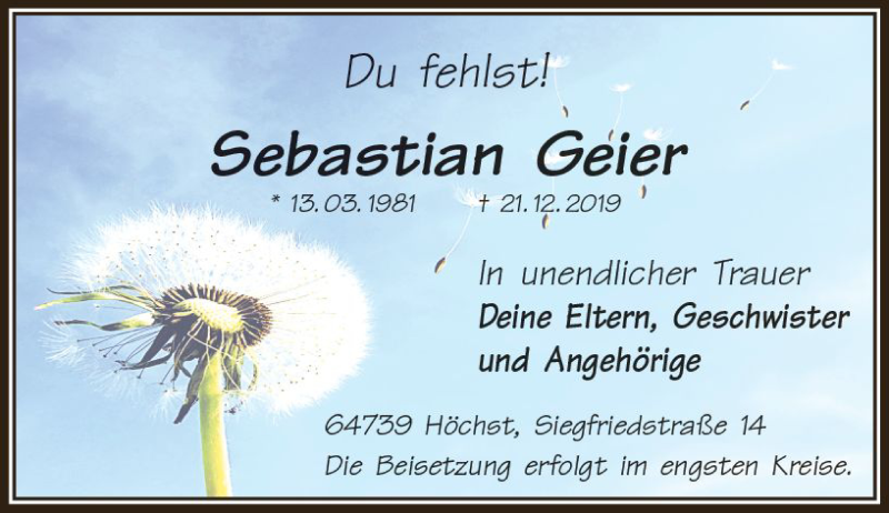  Traueranzeige für Sebastian Geier vom 11.01.2020 aus vrm-trauer