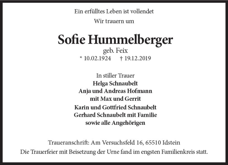  Traueranzeige für Sofie Hummelberger vom 18.01.2020 aus vrm-trauer