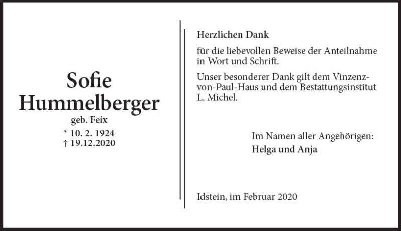  Traueranzeige für Sofie Hummelberger vom 01.02.2020 aus vrm-trauer