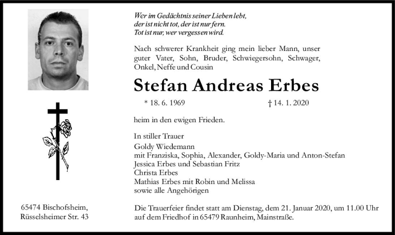  Traueranzeige für Stefan Andreas Erbes vom 18.01.2020 aus vrm-trauer