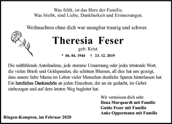 Traueranzeige von Theresia Feser von vrm-trauer