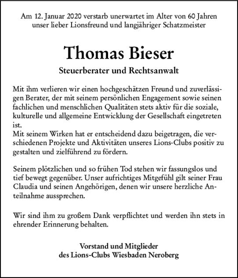  Traueranzeige für Thomas Bieser vom 18.01.2020 aus vrm-trauer