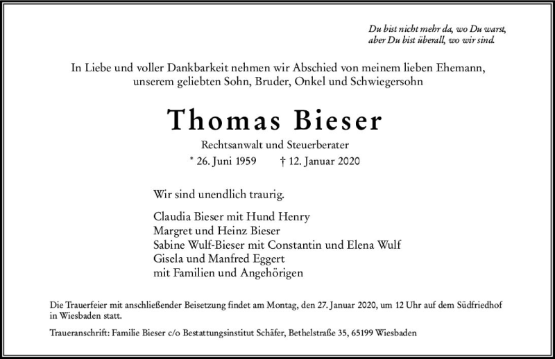  Traueranzeige für Thomas Bieser vom 18.01.2020 aus vrm-trauer