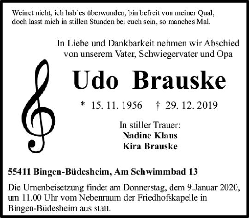  Traueranzeige für Udo Brauske vom 06.01.2020 aus vrm-trauer