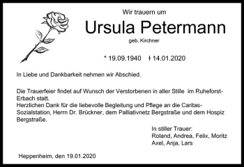 Traueranzeige von Ursula Petermann von vrm-trauer