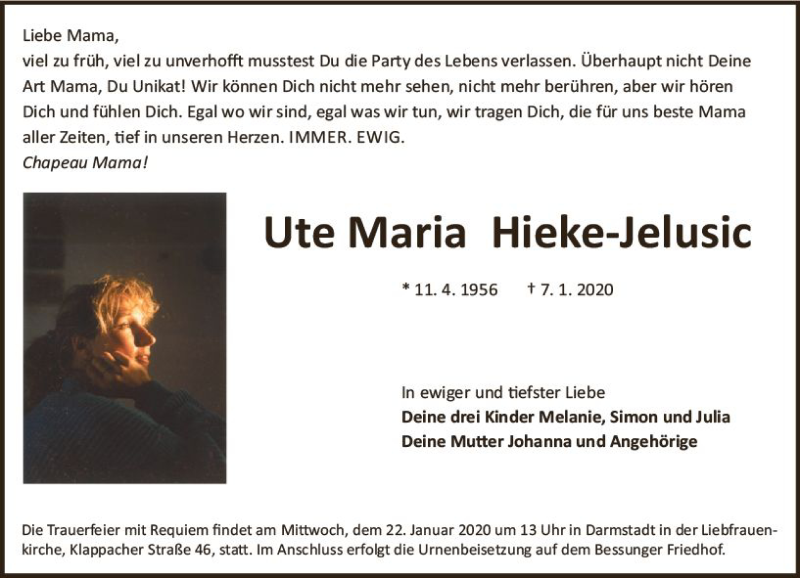  Traueranzeige für Ute Maria Hieke-Jelusic vom 11.01.2020 aus vrm-trauer