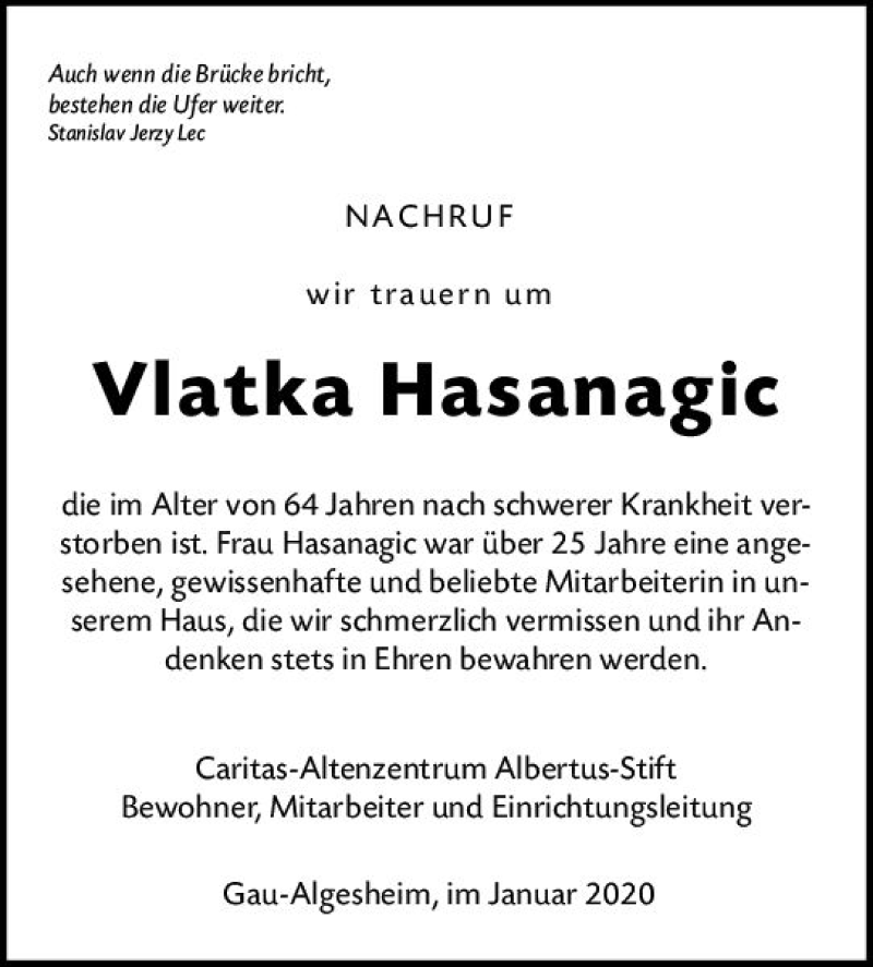  Traueranzeige für Vlatka Hasanagic vom 25.01.2020 aus vrm-trauer