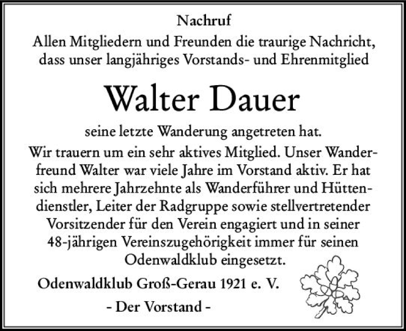  Traueranzeige für Walter Dauer vom 04.01.2020 aus vrm-trauer