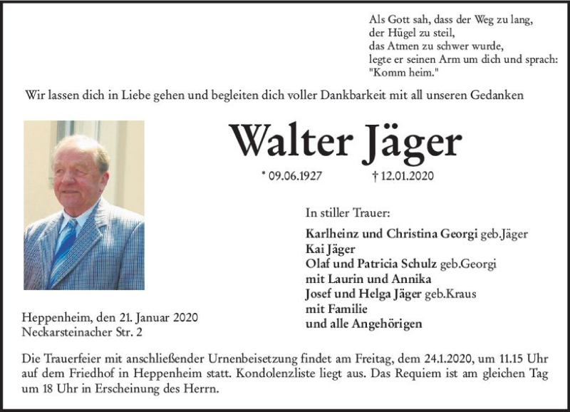  Traueranzeige für Walter Jäger vom 21.01.2020 aus vrm-trauer